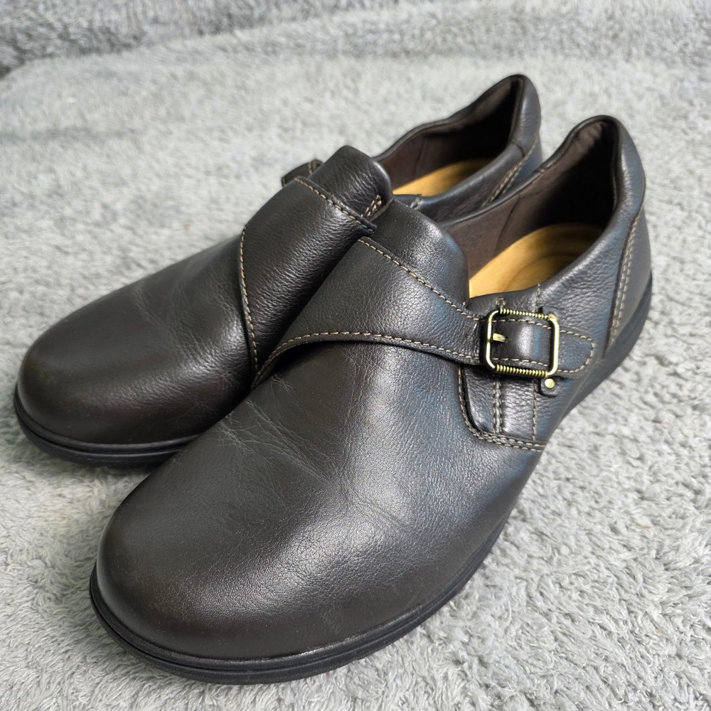 Clarks Brown Leather Monk Buckle Slip On Loafers Shoes Women's 11‎ WIDE